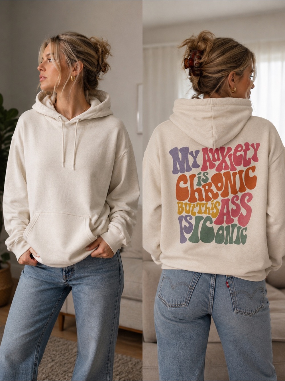 Women's Cream Graphic Hoodie - Retro Color Block Typography